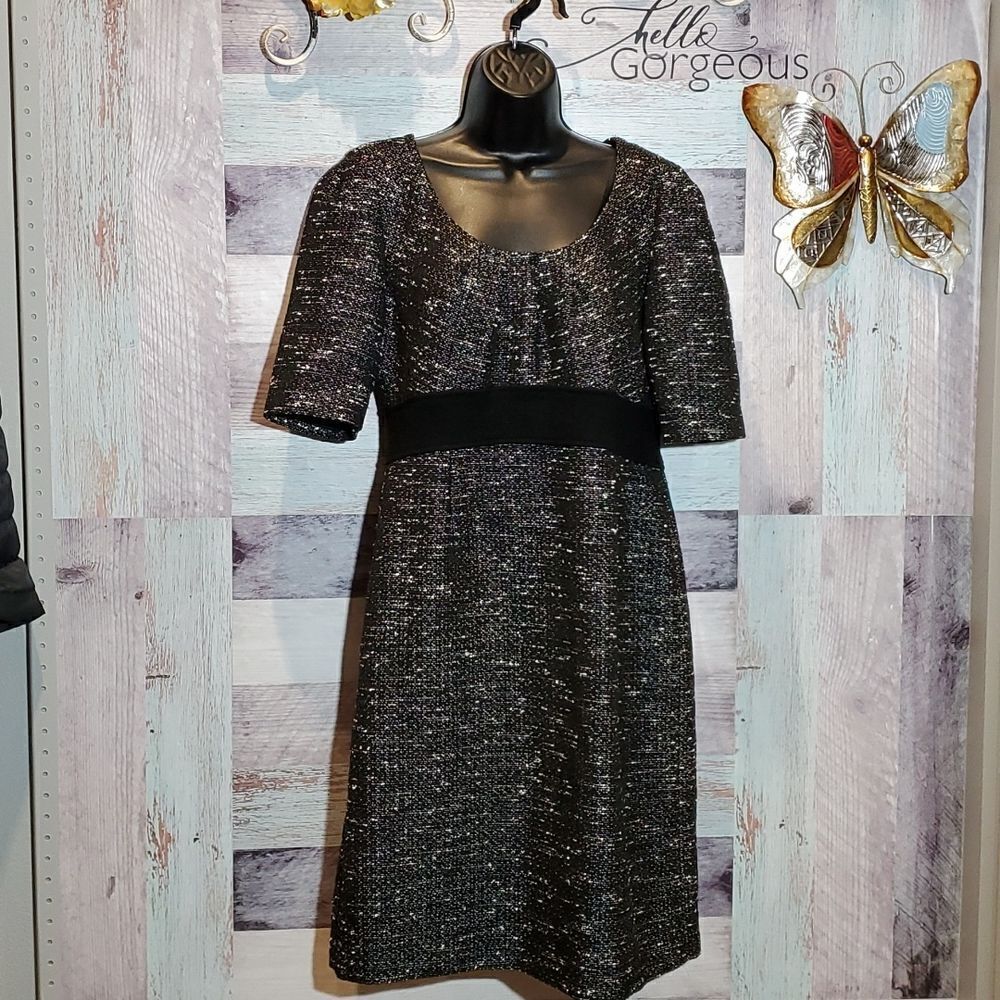 Tahari Black White Tweed Empire Waist Career Midi Dress, Sz 10
